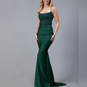 Fitted illusion lace appliqued beaded gown